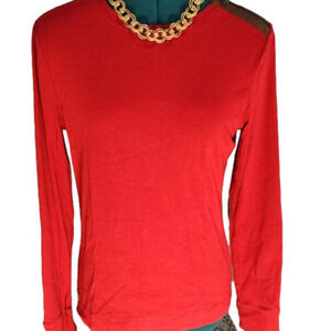 P128.  Ralph Lauren Jeans Co. Red Long-Sleeved Tee with Faux Suede patches| L